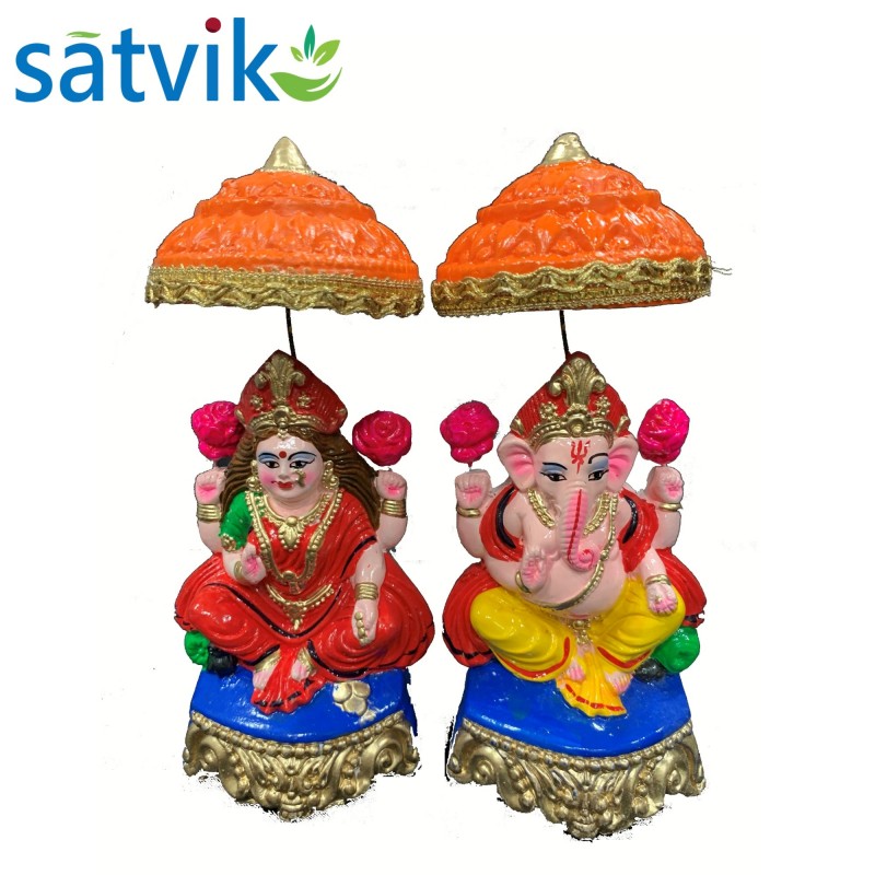Pair Of Goddess Lakshmi And Lord Ganesh Murti For Diwali Pooja Chhatari Design Terracotta 8552